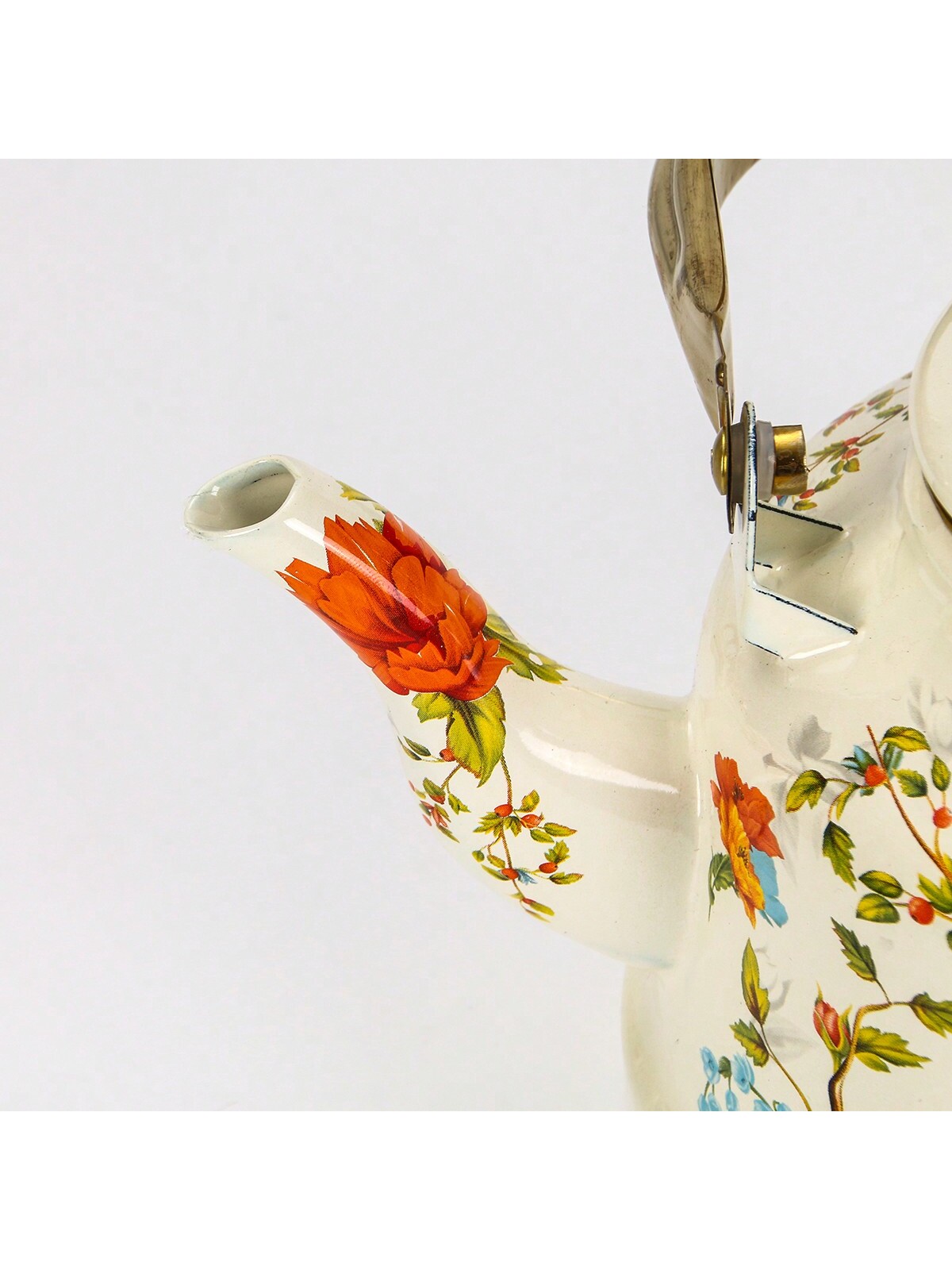 إبريق شاي مطلي بالمينا، بنمط طيور وزهور بطراز رجعي...