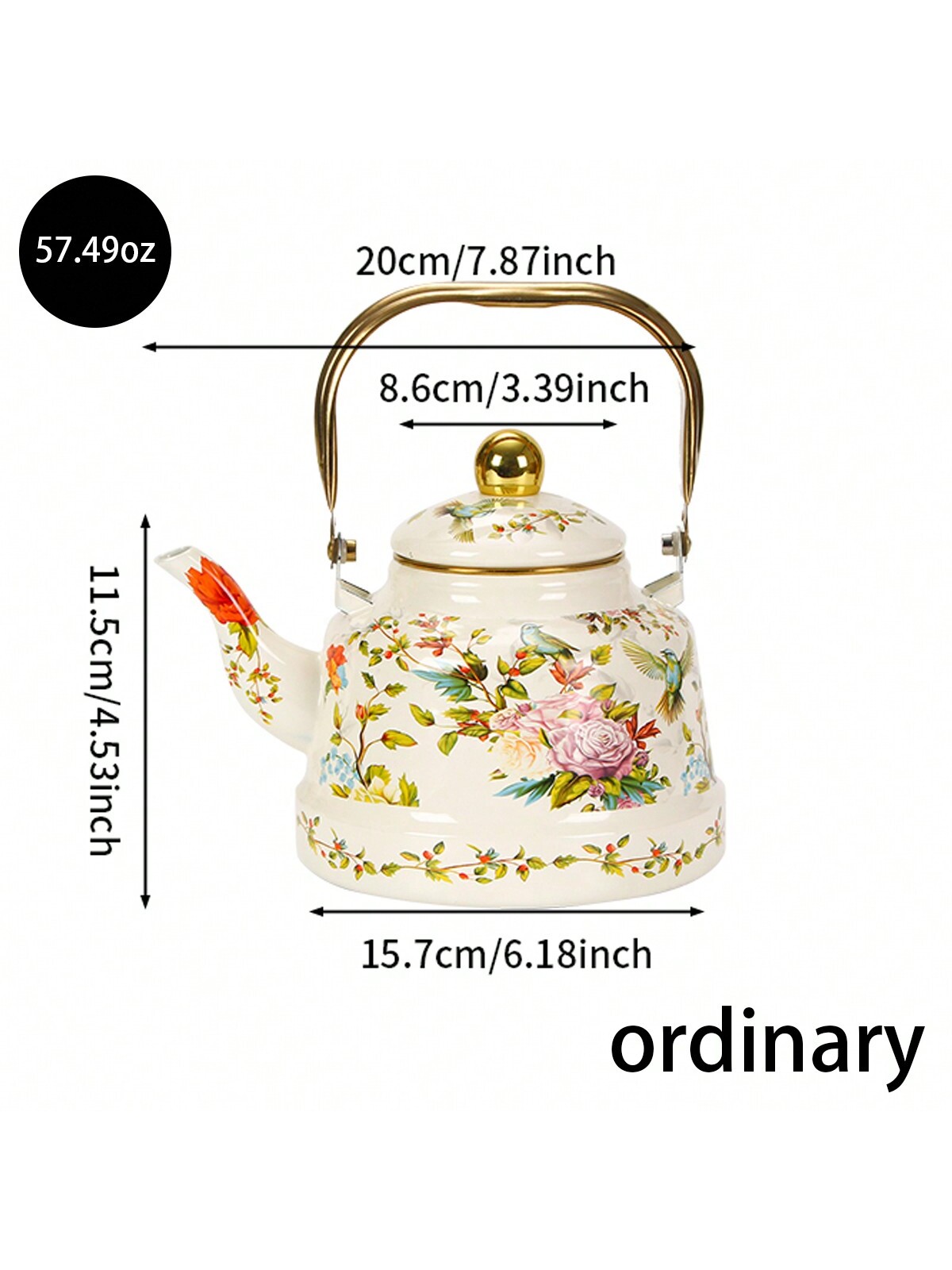 إبريق شاي مطلي بالمينا، بنمط طيور وزهور بطراز رجعي...