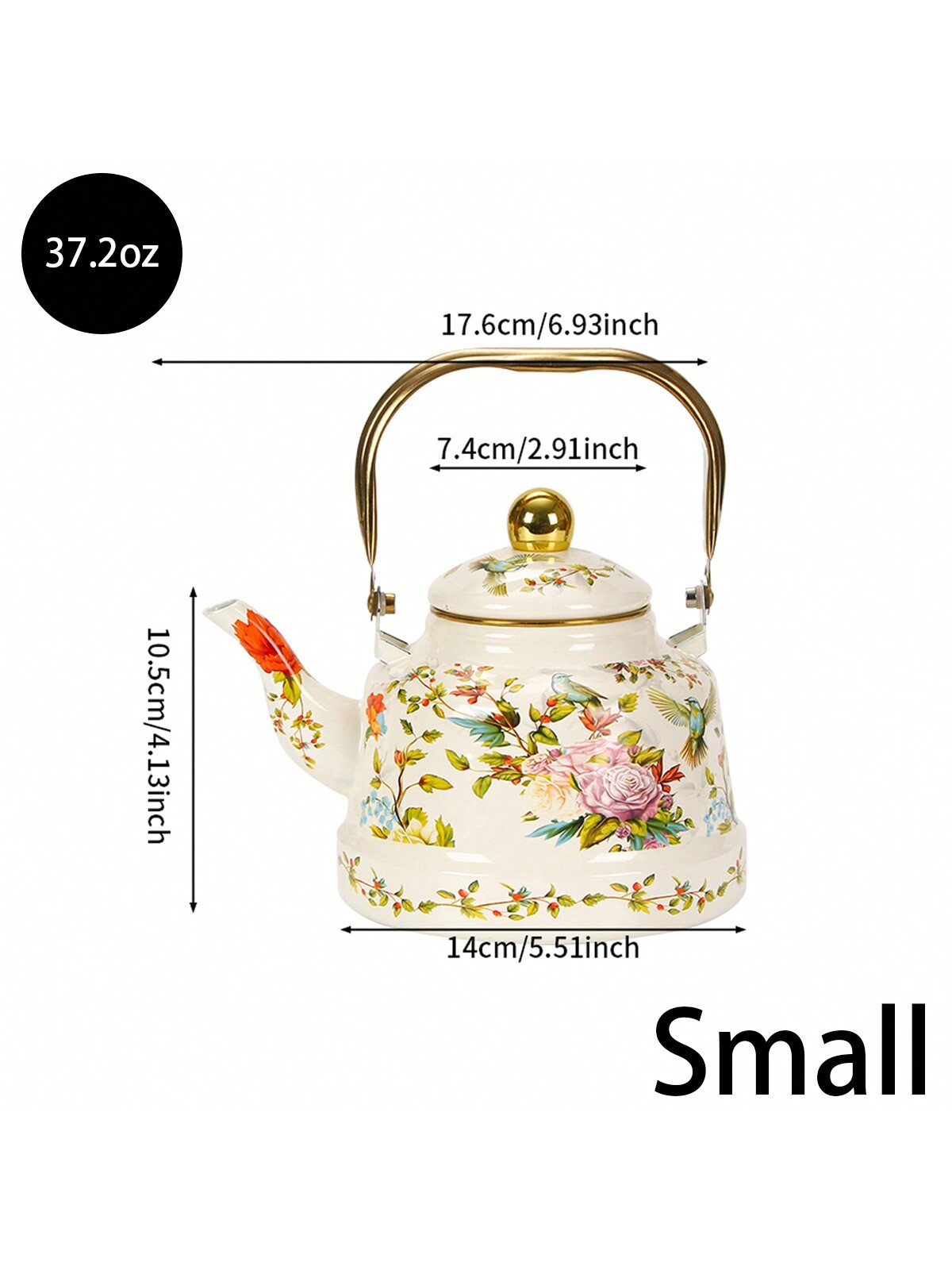 إبريق شاي مطلي بالمينا، بنمط طيور وزهور بطراز رجعي...