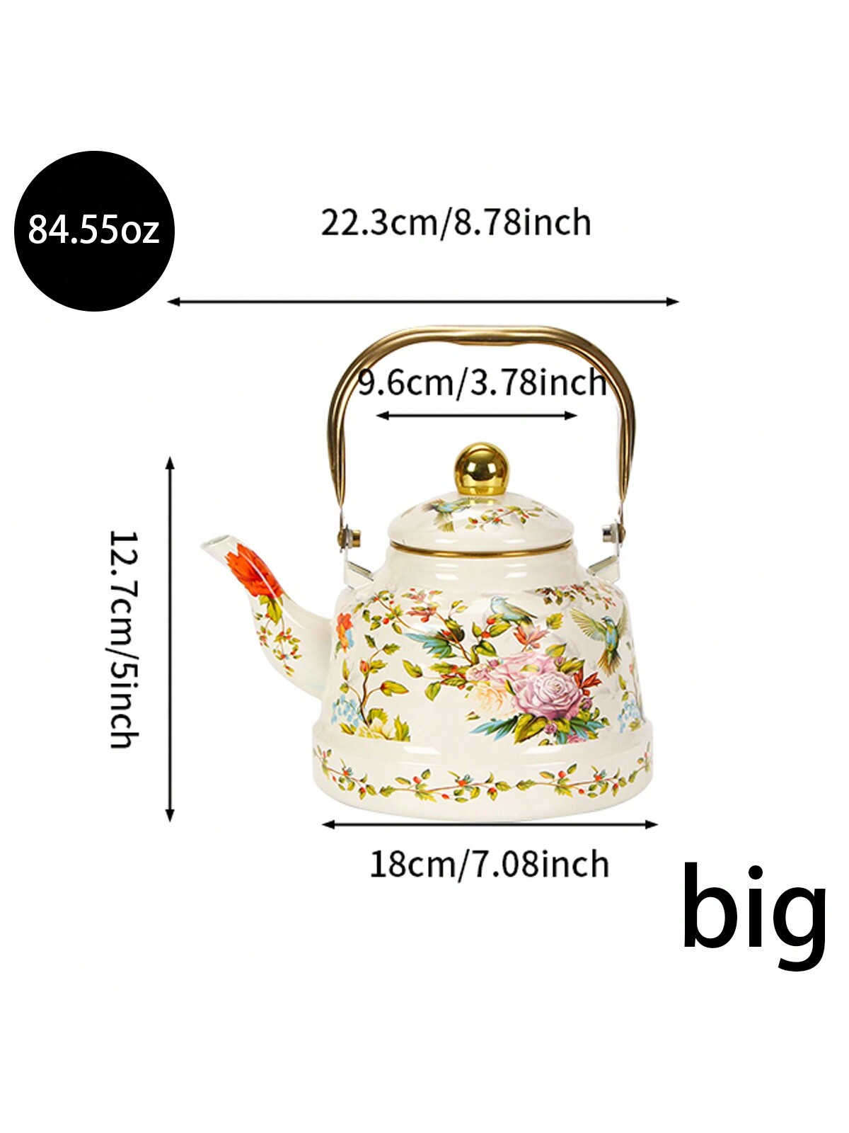 إبريق شاي مطلي بالمينا، بنمط طيور وزهور بطراز رجعي...