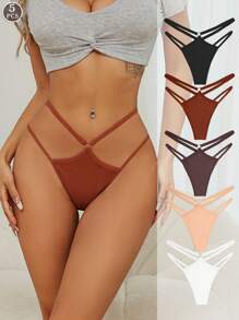 5 件套女士纯色罗纹双腰性感舒适透气内裤套装 - 彩色 - 查看 2