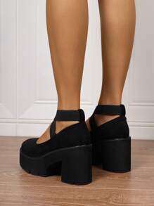 Giày khiêu vũ dự tiệc cao gót mũi tròn phong cách châu Âu mùa xuân/thu cho nữ, đế xuồng đế dày, dây quai mắt cá chân co giãn đan chéo - màu đen - Xem 5