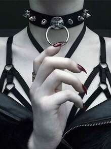 朋克哥特式黑色颈链铆钉项圈适合女性、日常/派对/万圣节/圣诞节派对/创意生日/情人节礼物、妈妈、母亲、母亲节、礼物 - 黑色 - 查看 7