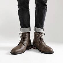 Men's Retro Work Boots, Round Toe, Thick Sole & Heel, Two-Tone Uppers, Rubber Contrasting Sole, Beige Stitching - Multicolor - View 3