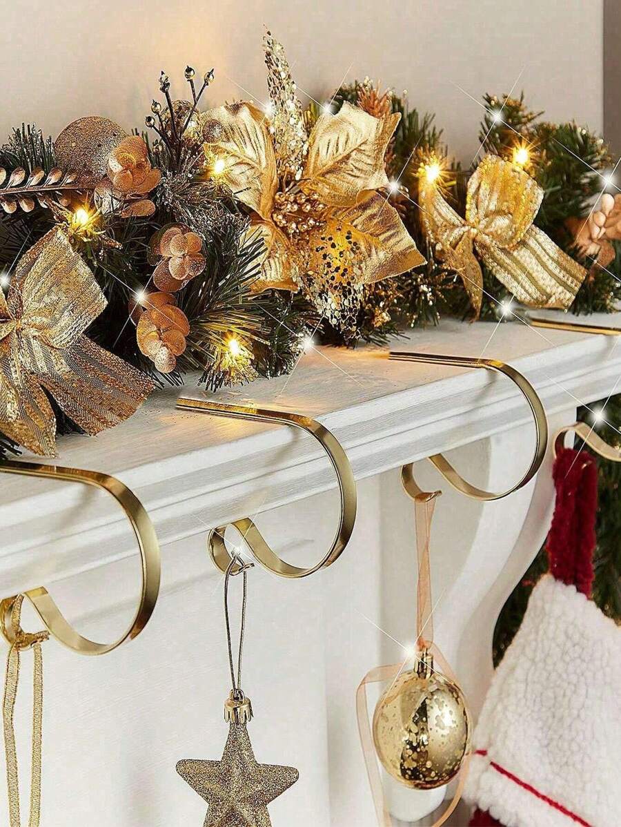 Christmas Decoration 2/4 Gold Christmas Stockings Hooks, Fireplace Hooks, Anti Slip Christmas Tree Decoration Hooks, Used For Hanging Christmas Decorations, Fireplace Stockings, Party Background Decoration, Holiday Use - Multicolor - View 1