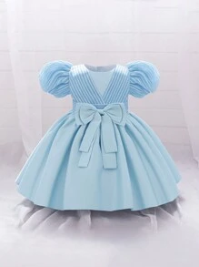 女宝宝纯色泡泡袖缎腰蝴蝶结装饰优雅花童派对连衣裙 - 淺藍色 - 查看 1