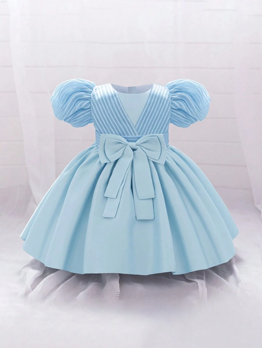 女宝宝纯色泡泡袖缎腰蝴蝶结装饰优雅花童派对连衣裙 - 淺藍色 - 查看 1