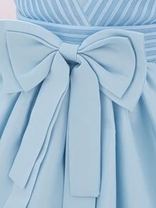 女宝宝纯色泡泡袖缎腰蝴蝶结装饰优雅花童派对连衣裙 - 淺藍色 - 查看 6