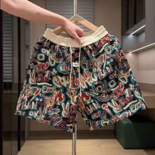 Summer New Style Yarn-Dyed Jacquard Letter Graffiti Shorts Men's Fashion Couple Shorts Versatile Beach Pants - 綠色 - 查看 3