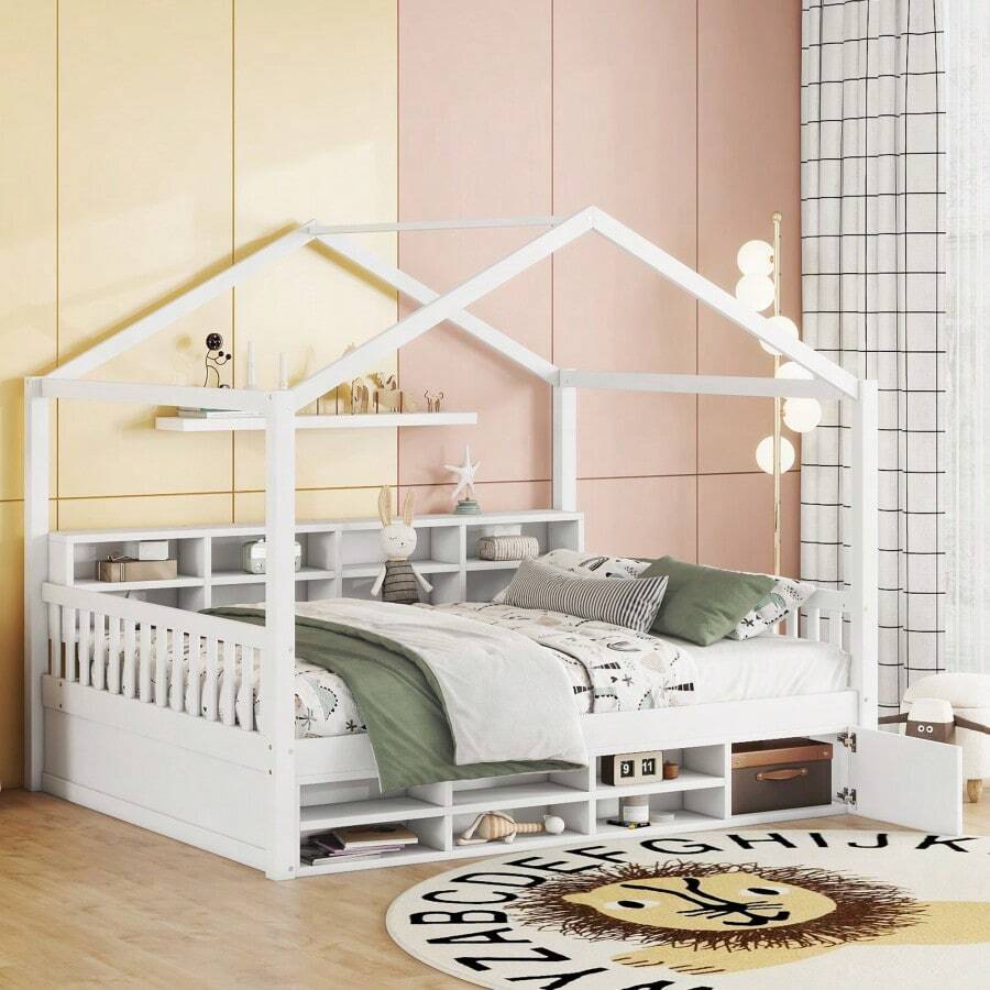 Full Size Wooden House Bed With Shelves And A White