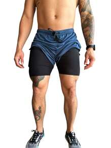 Kit 3 Shorts 2 In 1 Dry Fit Gym Men's Compression With Cell Phone Pocket - Màu xanh lam - Xem 5