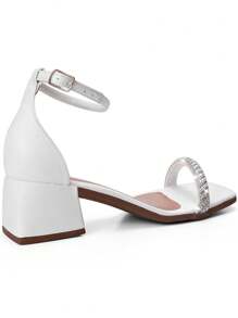 Women's Sandals With Low Block Heel, Comfortable, Shiny, Rhinestone, Lumiss Buckle - Blanco - Ver 5