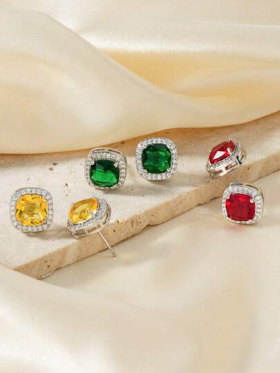 2pcs/Set Fashion Colorful Cubic Zirconia Stud Earrings, Suitable For Daily, Holiday And Commute Wear
