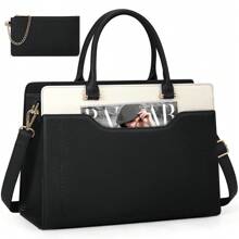 Laptop Bag For Women 15.6 Inch Laptop Tote Bag Waterproof Leather Work Bag Lightweight Laptop Briefcase Professional Women Business Office Bag Travel Handbag Shoulder Bag - 黑與白 - 查看 1