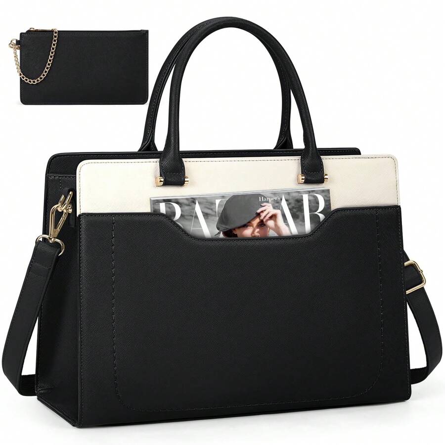 Laptop Bag For Women 15.6 Inch Laptop Tote Bag Waterproof Leather Work Bag Lightweight Laptop Briefcase Professional Women Business Office Bag Travel Handbag Shoulder Bag - 黑與白 - 查看 1