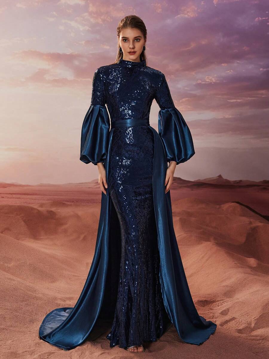 YISIKADO Váy dạ hội trang trọng cho nữ, Váy dạ hội đuôi tôm cổ cao bằng vải satin thêu hoa sang trọng, tay áo dài, có thể tháo rời, Đầm dạ hội tay dài, Dành cho khách dự tiệc cưới, Tốt nghiệp, Tiệc tối