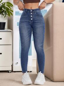 Jeans ajustado para mujeres para uso casual diario ,Pantalones vaqueros azules ajustados elásticos ,Vístete cómoda y con estilo, Pantalones Skinny Jeans de Mezclilla, Efecto Levanta Glúteos, Diseño de múltiples botones, Jeans pitillo con estampado de bigotes de gato para atuendo diario