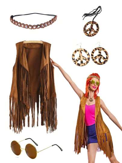 6-częściowy zestaw strojów hipisowskich z lat 60., 70. i 90. dla kobiet, kamizelka z frędzlami, kolczyki w kształcie znaku pokoju, opaska na głowę, kamizelka z frędzlami, kardigan z frędzlami, różowy strój festiwalowy lub sportowy w odcieniach ziemi, stroje rodeo, odzież imprezowa, styl uliczny, odzież imprezowa na bal maturalny, Halloween