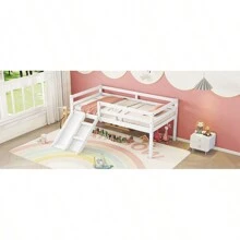 Twin Low Loft Bed With Slide, Ladder, Safety Guardrails, No Box Spring Needed, White