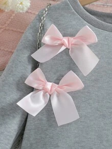 2pcs Young Girl Casual Cute Bow Decor Round Neck Long Sleeve Sweatshirt And Bow Decor Pants Set, Autumn/Winter - Grey - View 4