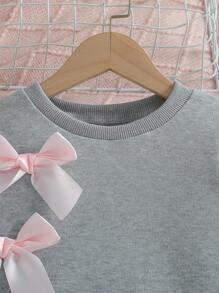 2pcs Young Girl Casual Cute Bow Decor Round Neck Long Sleeve Sweatshirt And Bow Decor Pants Set, Autumn/Winter - Grey - View 3