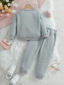 2pcs Young Girl Casual Cute Bow Decor Round Neck Long Sleeve Sweatshirt And Bow Decor Pants Set, Autumn/Winter - Grey - View 2