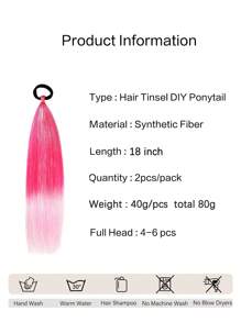 2pcs/Pack 18inch Kids Ponytail Extension With Hair Tie, Ombre Pink Ponytail Extension, Crazy Hair Day, Colored Hair Extensions For Kids, Festival Hair, Rave Hair, Ombre Ponytail