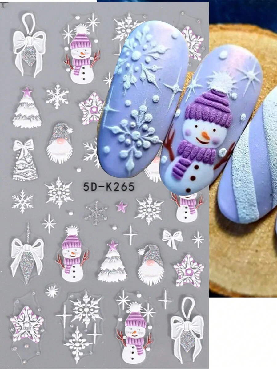 1 件圣诞指甲贴纸 5D 浮雕冬季设计金银色闪光球雪花树雪人指甲设计节日贴纸粘性贴花指甲用品女士美甲 - 彩色 - 查看 1