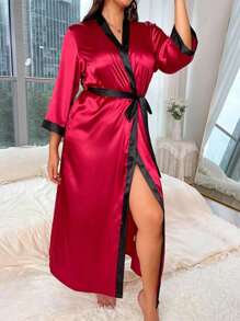 1 件女式大码丝质休闲宽松系腰拼接印花长款浴袍/家居服，舒适家居/睡衣，适合所有季节 - 紅色 - 查看 1