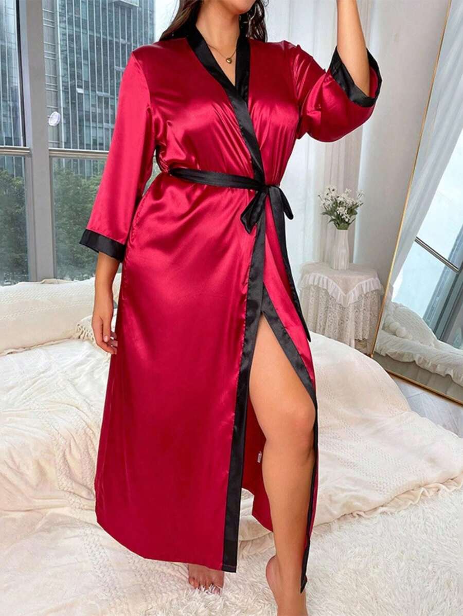 1 件女式大码丝质休闲宽松系腰拼接印花长款浴袍/家居服，舒适家居/睡衣，适合所有季节 - 紅色 - 查看 1