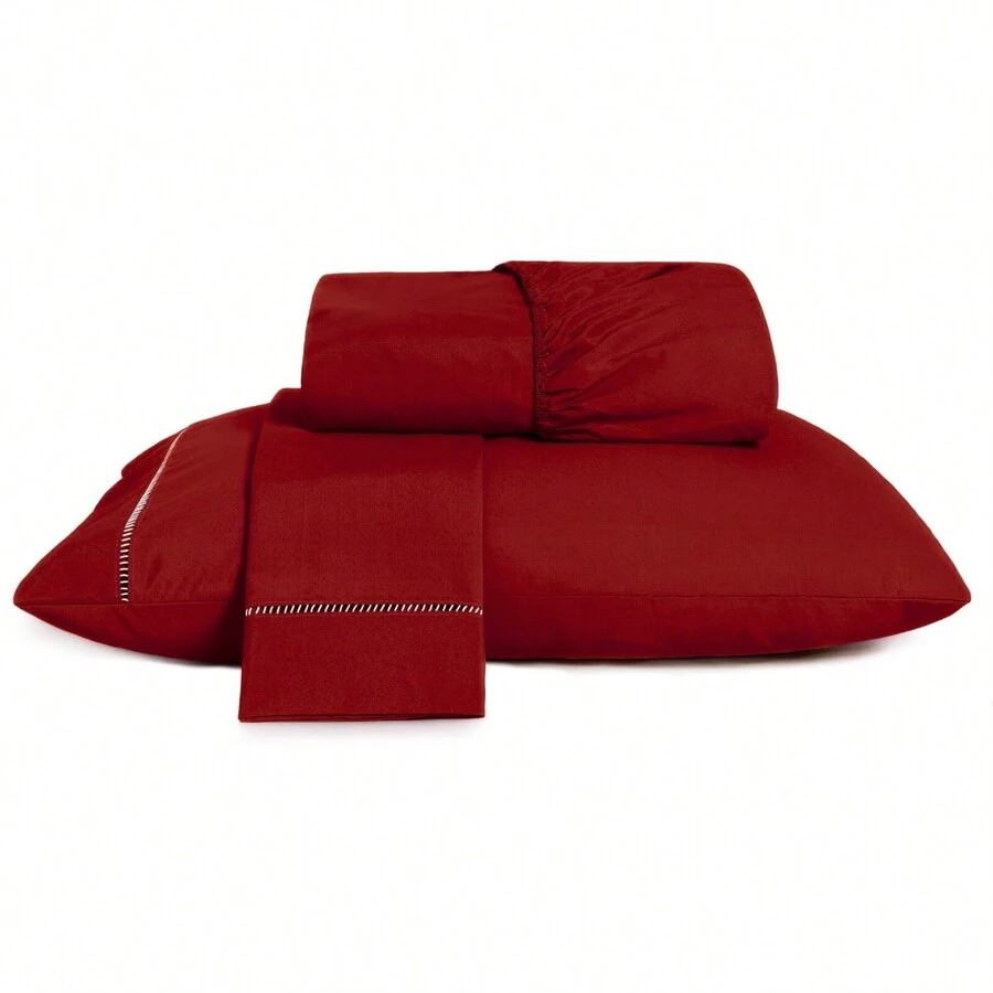 3-Piece Sheet Set 400 Thread Count Queen Size Bed Micropercal Ponto Palito Hotel Soft Touch - Burgundy - View 1