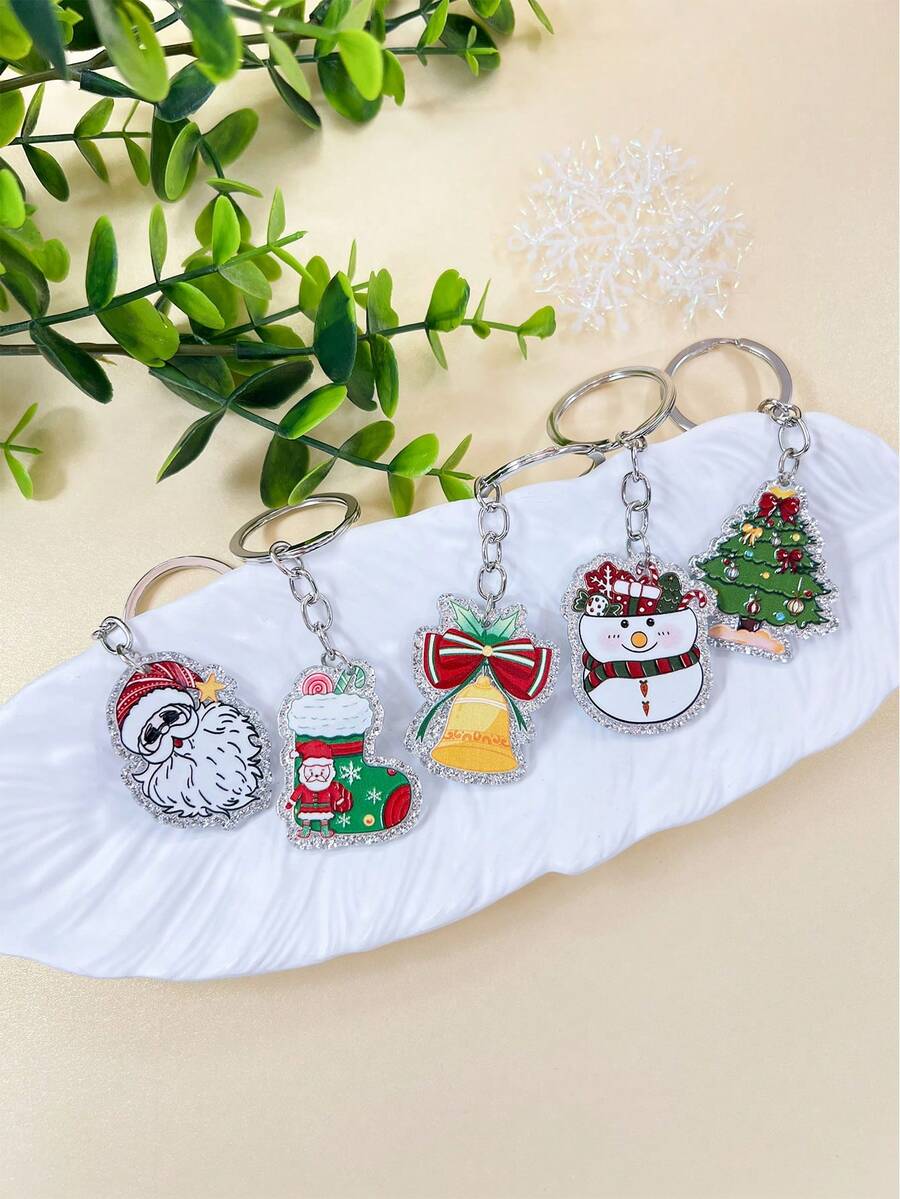 1 件亚克力卡通圣诞树、雪人、圣诞老人、长袜、圣诞铃铛钥匙扣包饰、圣诞礼物 - 彩色 - 查看 1