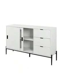 Modern Featured Storage Cabinet Sideboard With Glass Sliding Door And 3 Drawers, Entryway Console Table Kitchen Buffet Cabinet For Corridors Entrances Kitchen Study White,Fiah