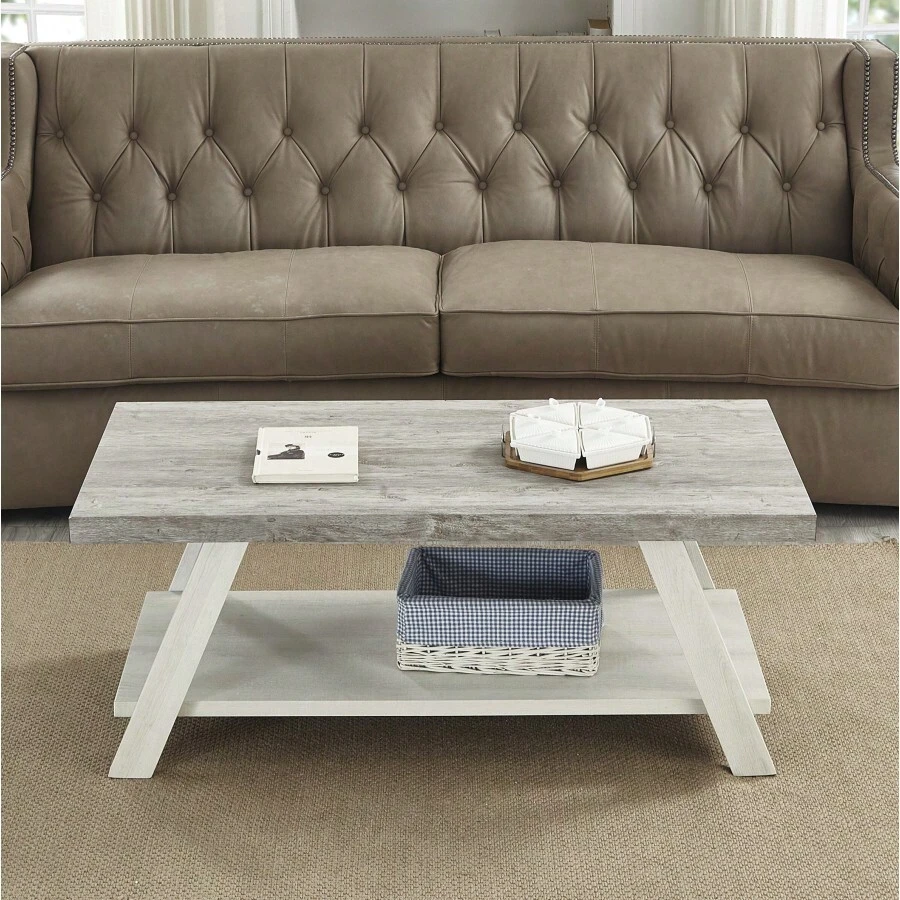 Athens Contemporary TwoTone Wood Shelf Coffee Table In Weathered Gray