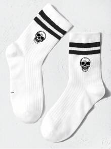 1pair Kids' Vertical Striped Double Bars Skull Sports Mid-calf Socks, Great For Back-to-school Outfits - Black and White - View 9