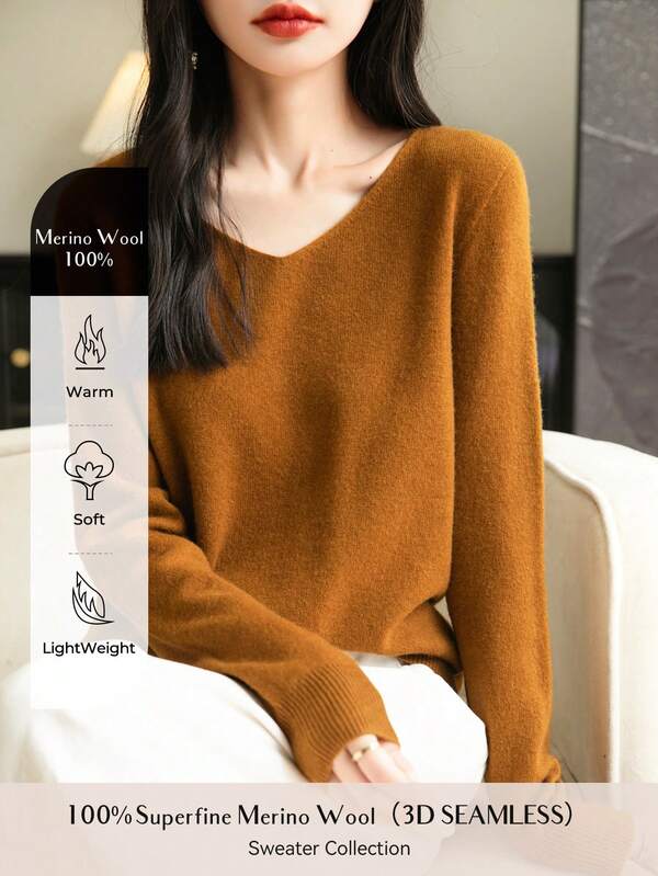Women's 100% Merino Wool Sweater One-Line Seamless Sweater Women's V-Neck Sweater Fall Winter Long-Sleeved Soft Knitted Pullover
