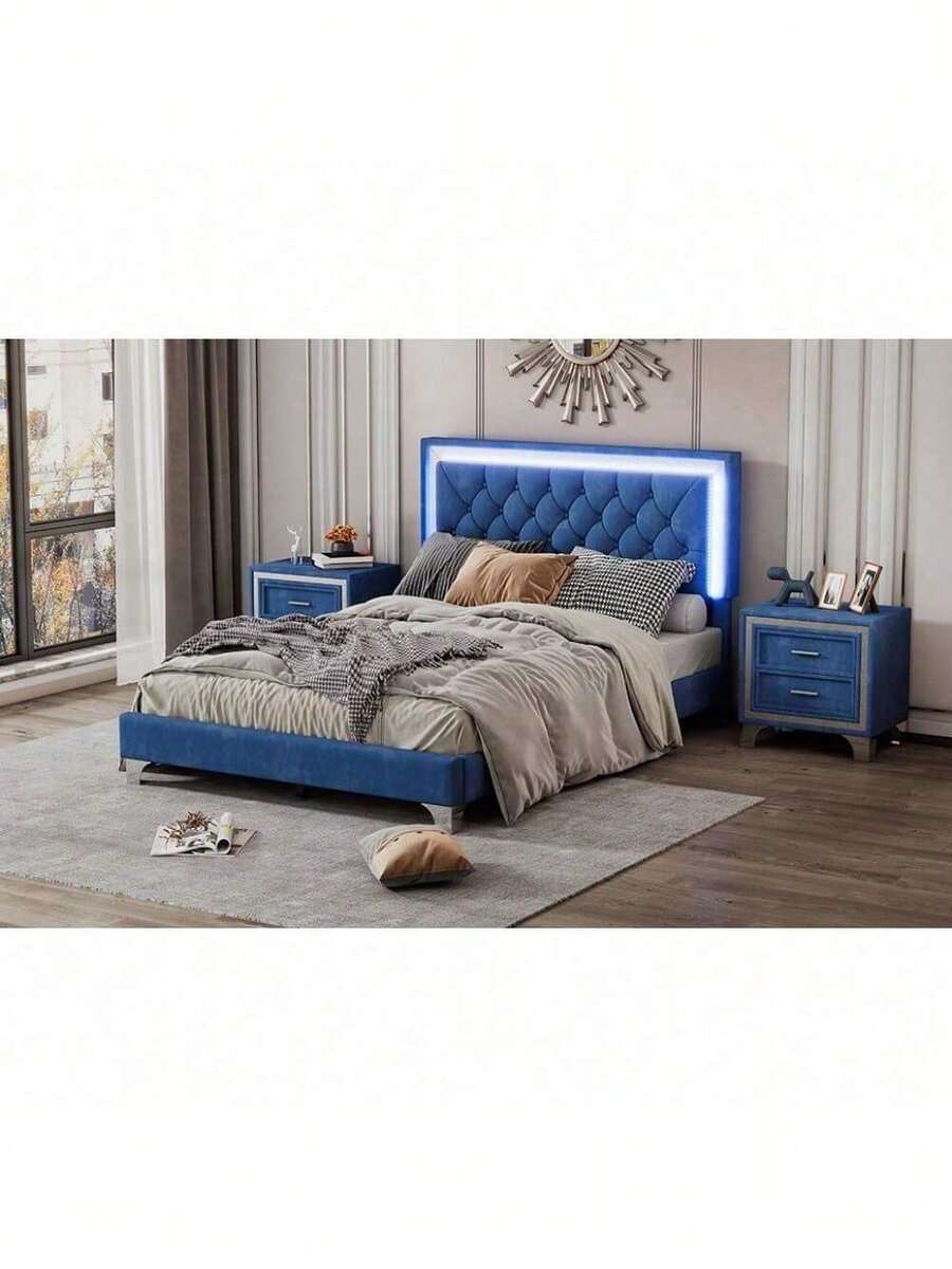 Full Size Modern Blue Upholstered Bed Frame,Velvet Platform Bed, With