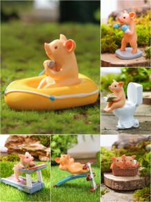 1pc Adorable Mini Pig Animal Figurine, Handpainted Waterproof Resin Home & Garden Decor Ornament, Bonsai Landscaping Mini Animal Statue, Yard Garden Decoration Mini Pig Sculpture