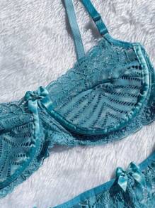 Kit 5 Lingerie Set Lace Bra Without Padded Bow Half Cup Sexy Panties - 彩色 - 查看 3