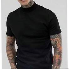 Men's T-Shirt, Short Sleeve, High Collar, American Style, Ribbed - 黑色 - 查看 2