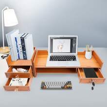 CNCEST Monitor Stand With 3 Drawers, 2 Tiers Laptop Computer Monitor Riser For PC Screen, Desktop Wooden Screen Monitor Stand Riser With Storage Organizer For Home Office - Wooden - View 3