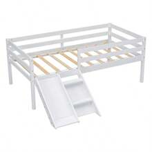 Twin Low Loft Bed With Slide, Ladder, Safety Guardrails, No Box Spring Needed, White