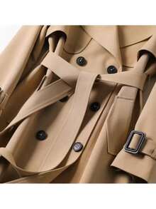 Gabardina de doble botonadura con bolsillos oblicuos con cinturón - Caqui - Ver 8