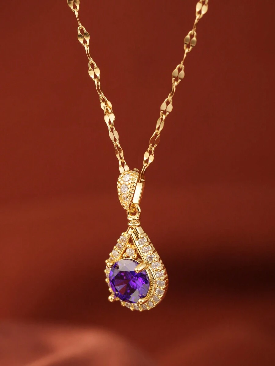 1 件紫色宝石水滴项链，奢华钛钢紫色水晶吊坠项链，适合母亲节礼物，适合女性日常佩戴 - 金黃色 - 查看 1