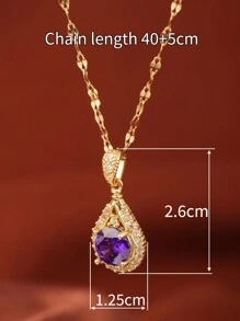 1 件紫色宝石水滴项链，奢华钛钢紫色水晶吊坠项链，适合母亲节礼物，适合女性日常佩戴 - 金黃色 - 查看 4
