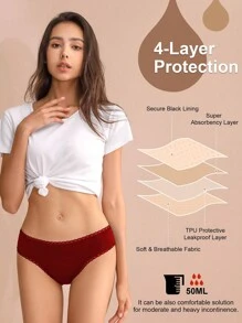1pc Absorbent Valentine's Red Low-Waist Panties, Comfortable Stretchy Intimate Period Leakproof Underwear Suitable For Women