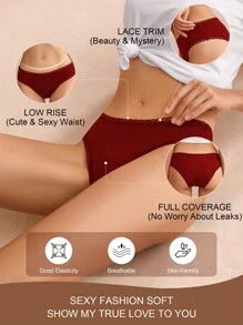 1pc Absorbent Valentine's Red Low-Waist Panties, Comfortable Stretchy Intimate Period Leakproof Underwear Suitable For Women