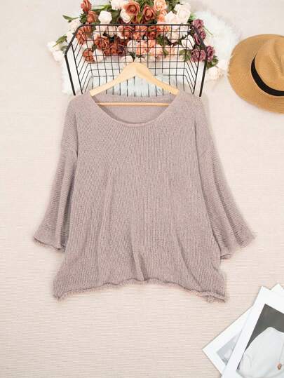 Plus Size Women Casual Loose Solid Color 3/4 Sleeve Sweater