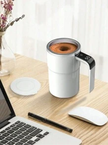带温度显示的自搅拌咖啡杯，自动磁力搅拌器，旅行咖啡杯适用于牛奶、巧克力、摩卡，颜色：乳白色 - 彩色 - 查看 3