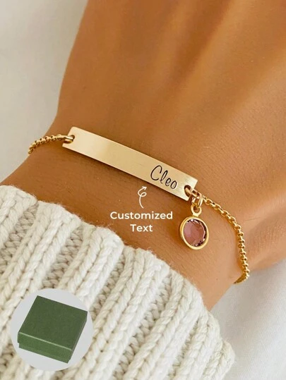 1 pieza Pulsera personalizada, pulsera de barra, pulsera con piedra natal, joyería de dama de honor, regalo de graduación, pulsera de acero inoxidable chapado en oro de 18k, incluye caja de regalo exquisita de alta gama, para amigos, parejas, niños, regalos navideños, regalos de cumpleaños